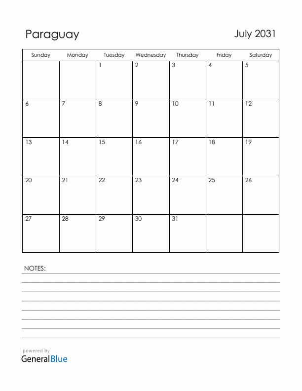 July 2031 Paraguay Calendar with Holidays (Sunday Start)