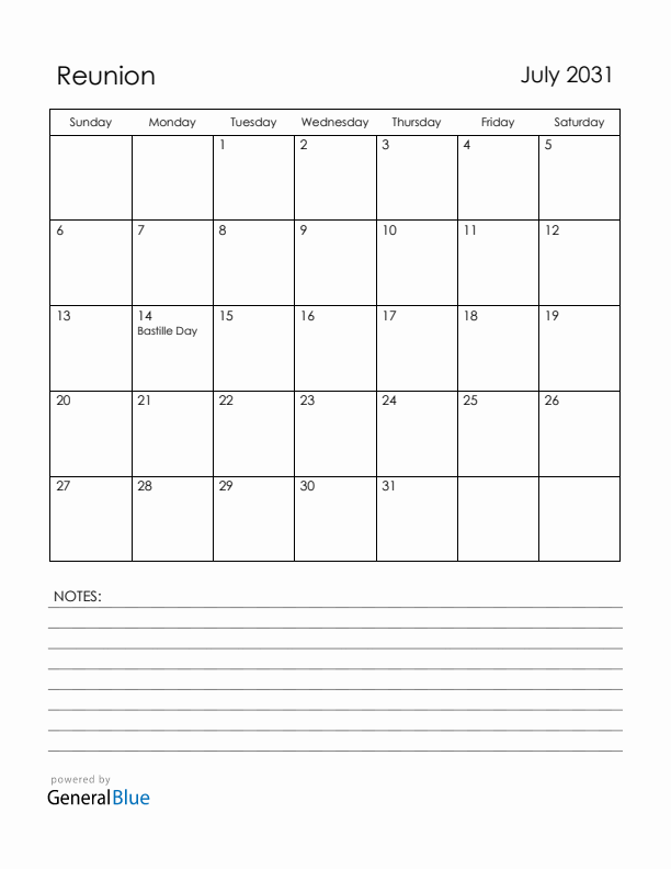 July 2031 Reunion Calendar with Holidays (Sunday Start)