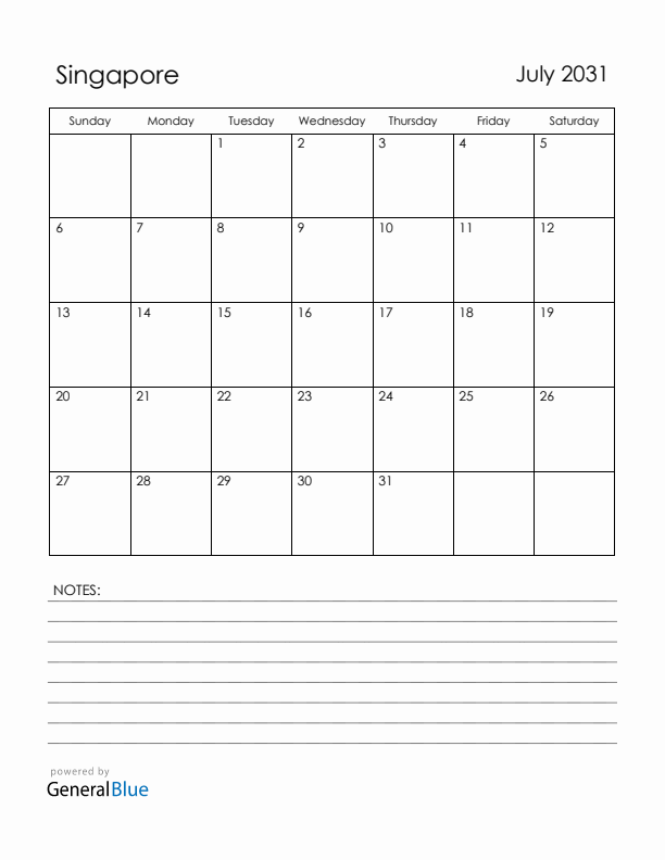 July 2031 Singapore Calendar with Holidays (Sunday Start)