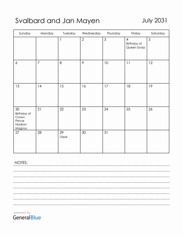 July 2031 Svalbard and Jan Mayen Calendar with Holidays (Sunday Start)