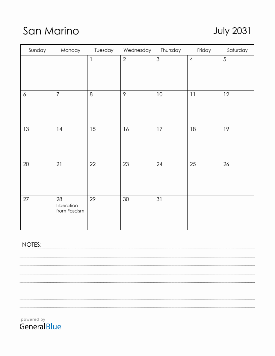 July 2031 San Marino Calendar with Holidays