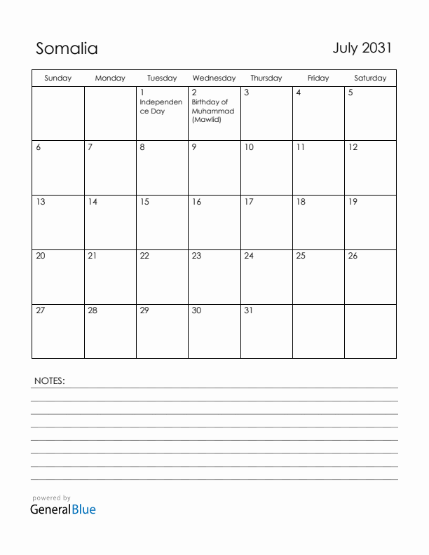 July 2031 Somalia Calendar with Holidays (Sunday Start)