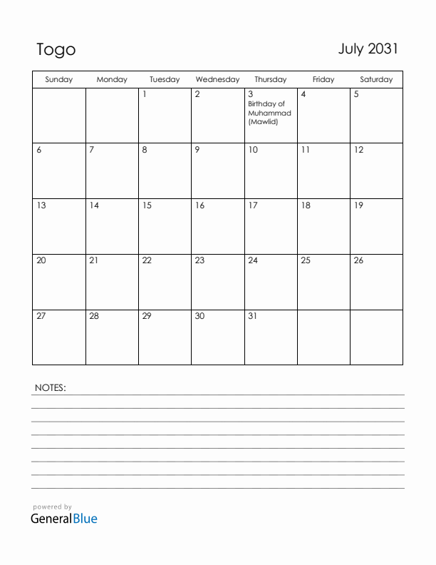 July 2031 Togo Calendar with Holidays (Sunday Start)