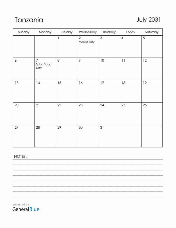 July 2031 Tanzania Calendar with Holidays (Sunday Start)