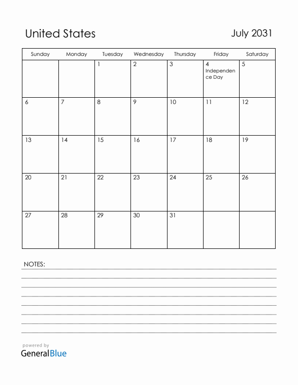 July 2031 United States Calendar with Holidays (Sunday Start)