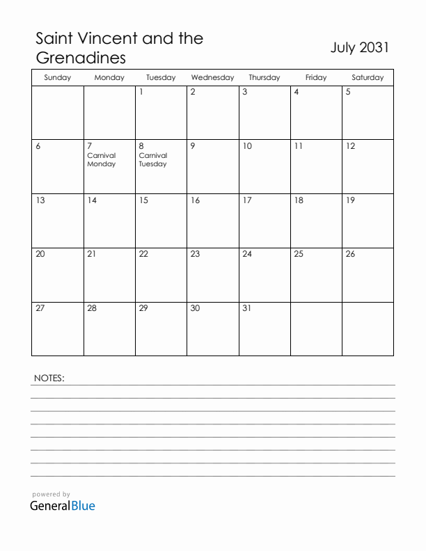 July 2031 Saint Vincent and the Grenadines Calendar with Holidays (Sunday Start)