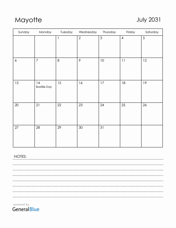 July 2031 Mayotte Calendar with Holidays (Sunday Start)