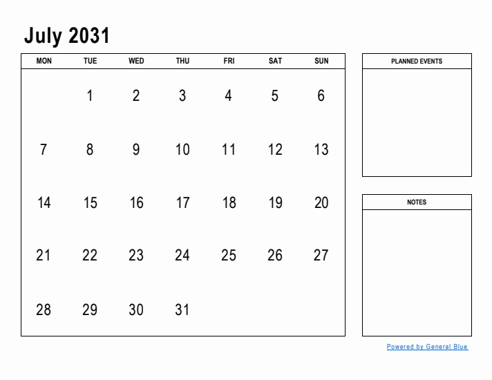 July 2031 Calendar Planner