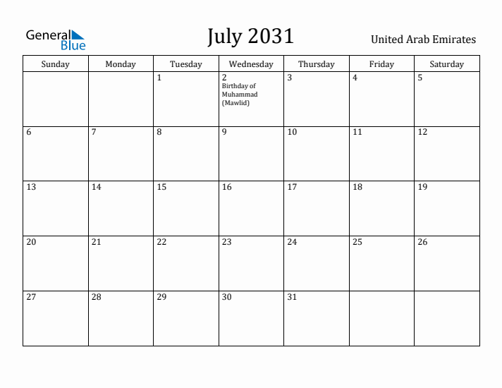 July 2031 Calendar United Arab Emirates