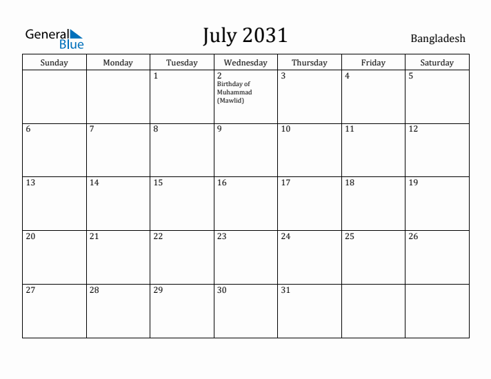 July 2031 Calendar Bangladesh