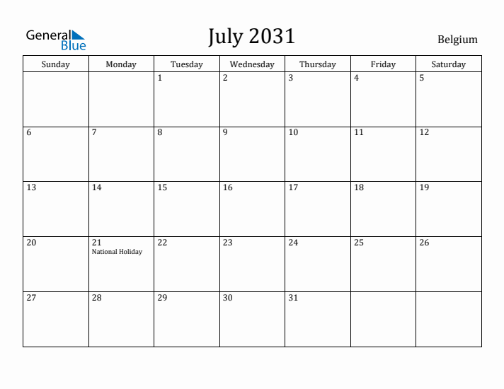 July 2031 Calendar Belgium