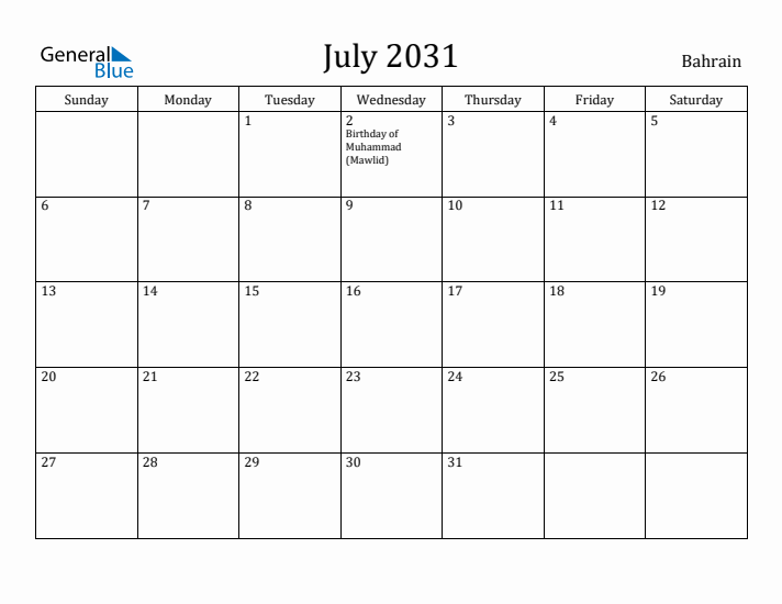 July 2031 Calendar Bahrain
