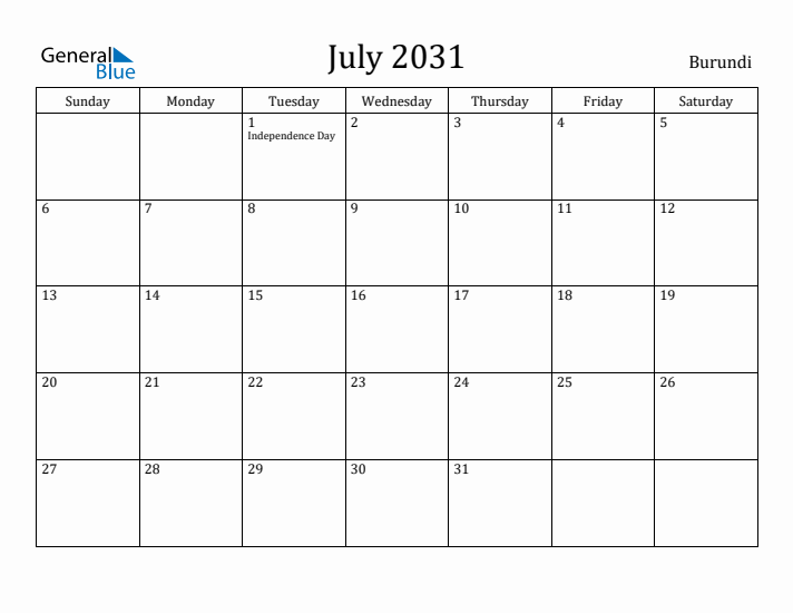 July 2031 Calendar Burundi