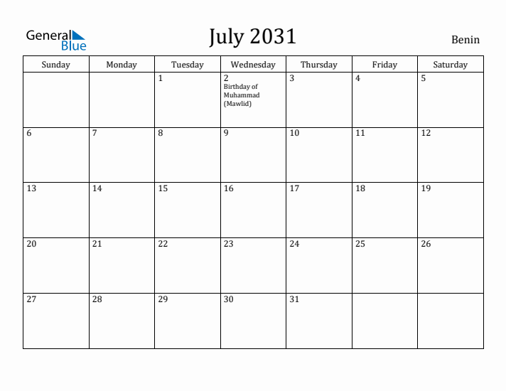 July 2031 Calendar Benin