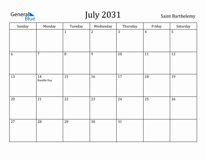 July 2031 Calendar Saint Barthelemy
