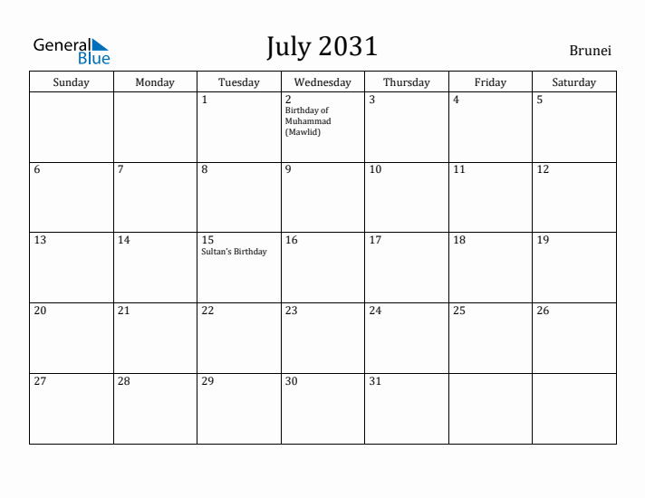 July 2031 Calendar Brunei