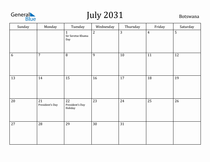 July 2031 Calendar Botswana