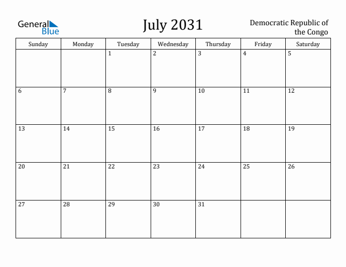 July 2031 Calendar Democratic Republic of the Congo