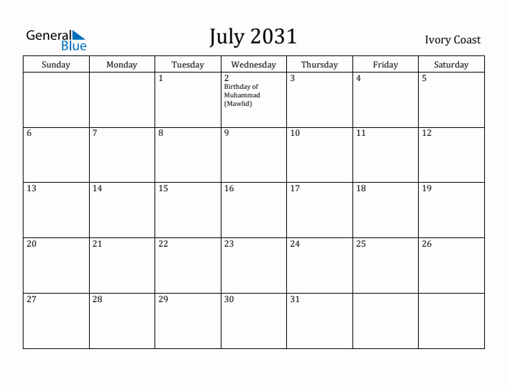 July 2031 Calendar Ivory Coast