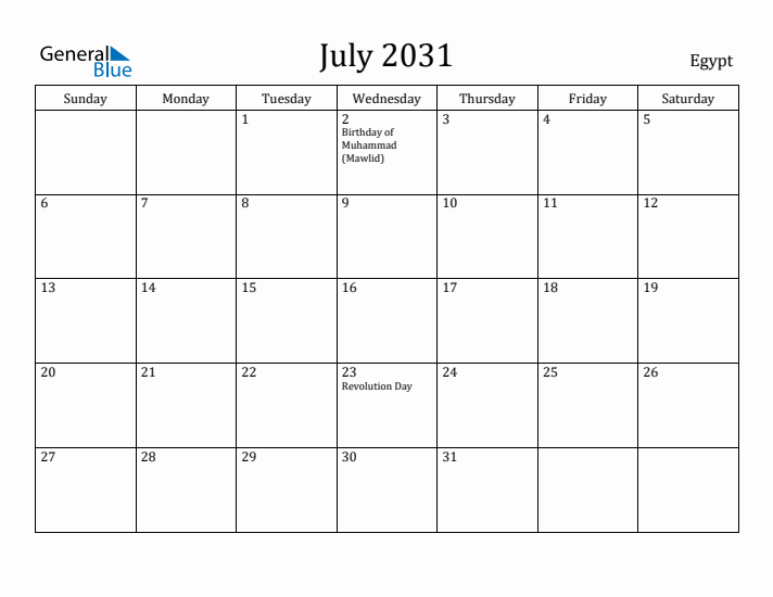 July 2031 Calendar Egypt