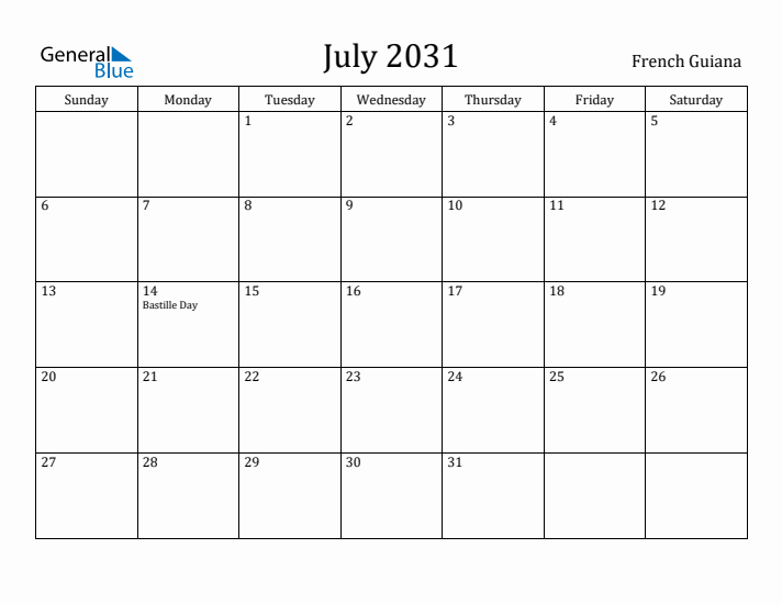 July 2031 Calendar French Guiana