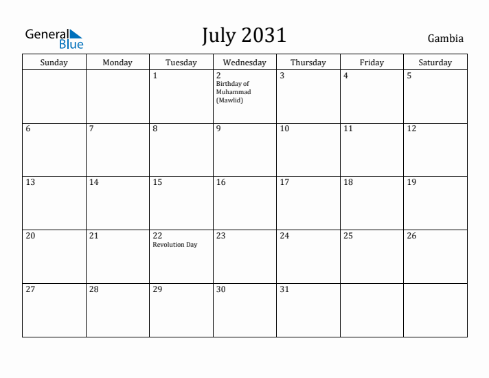 July 2031 Calendar Gambia