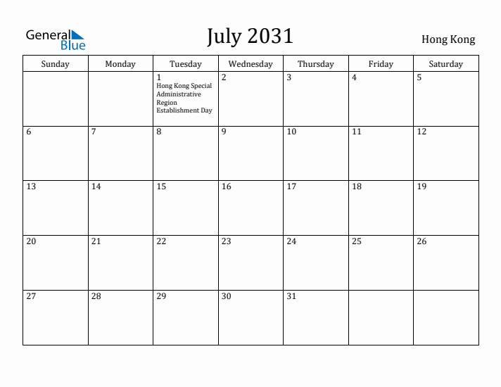 July 2031 Calendar Hong Kong