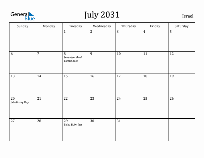 July 2031 Calendar Israel