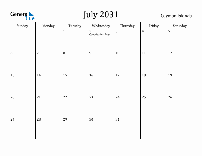 July 2031 Calendar Cayman Islands