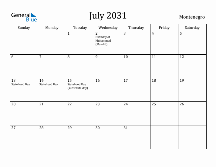 July 2031 Calendar Montenegro