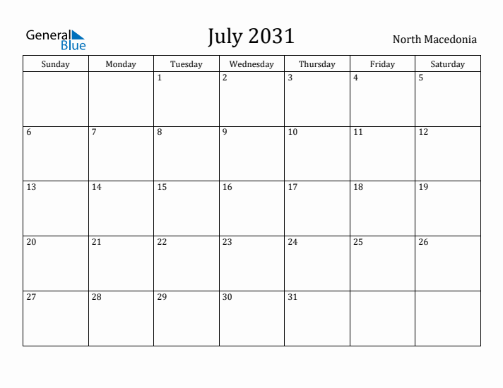 July 2031 Calendar North Macedonia