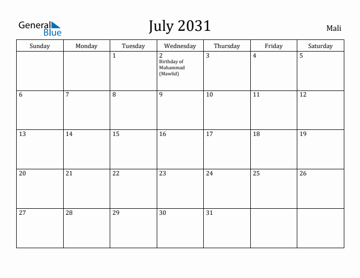 July 2031 Calendar Mali