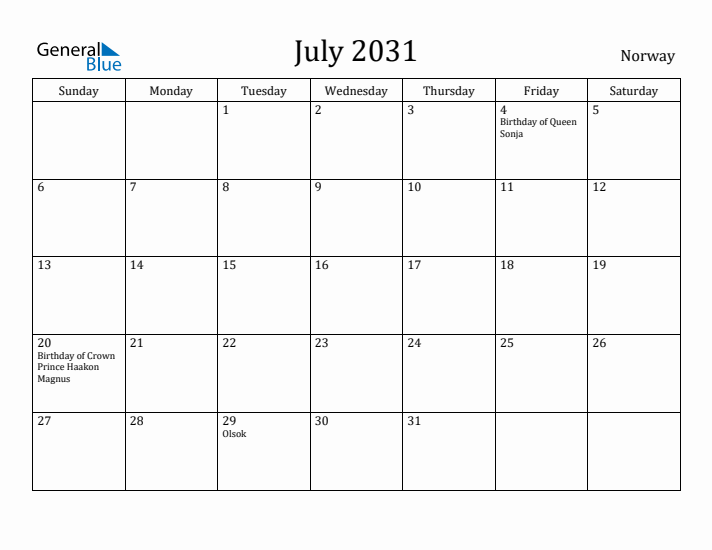 July 2031 Calendar Norway