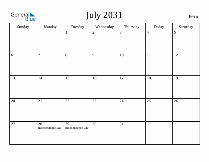 July 2031 Calendar Peru