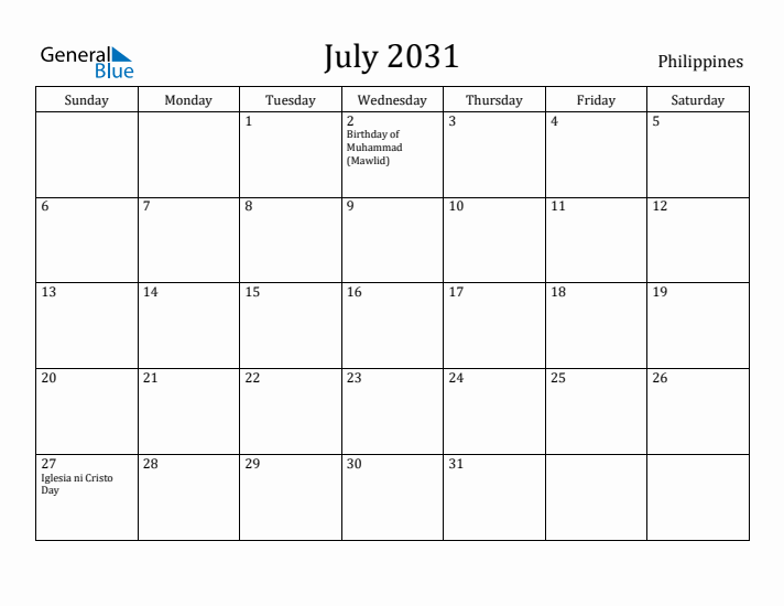 July 2031 Calendar Philippines