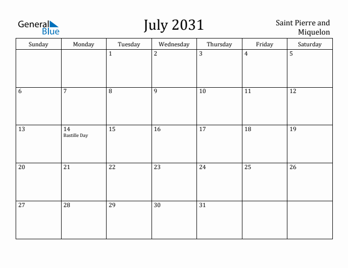 July 2031 Calendar Saint Pierre and Miquelon