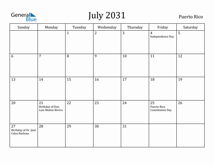 July 2031 Calendar Puerto Rico