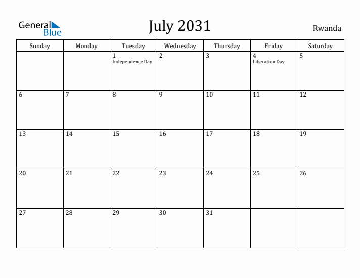 July 2031 Calendar Rwanda
