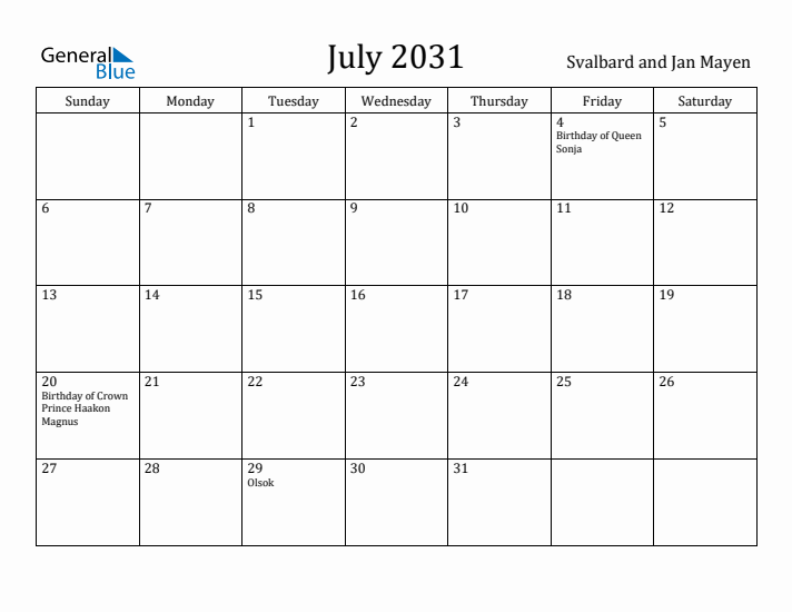 July 2031 Calendar Svalbard and Jan Mayen