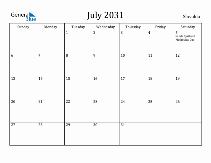 July 2031 Calendar Slovakia
