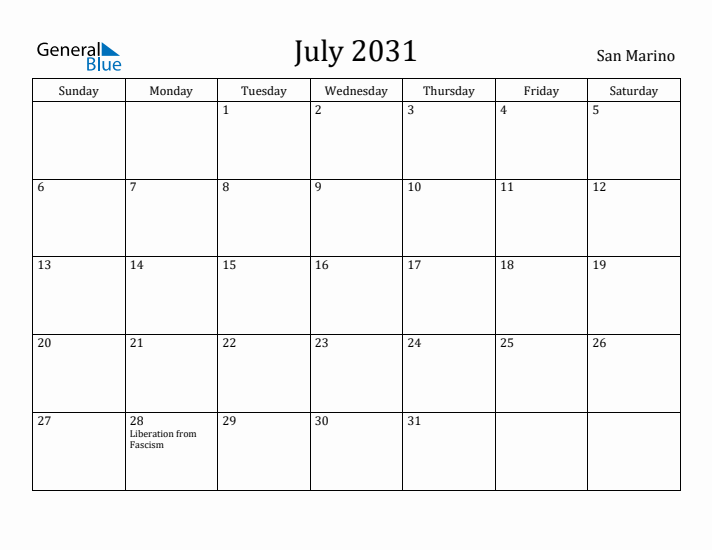 July 2031 Calendar San Marino