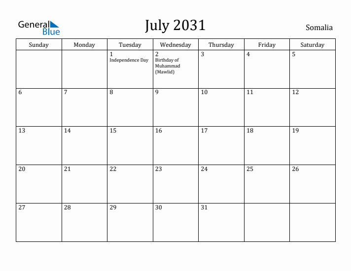July 2031 Calendar Somalia