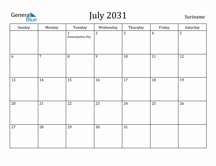 July 2031 Calendar Suriname