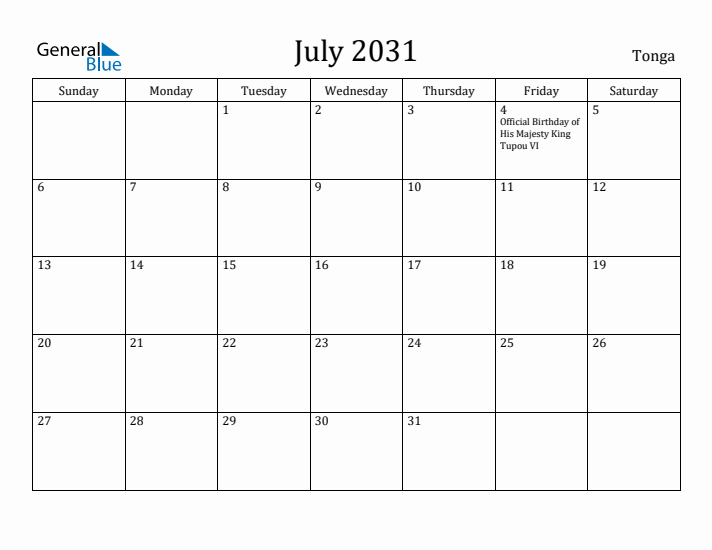 July 2031 Calendar Tonga