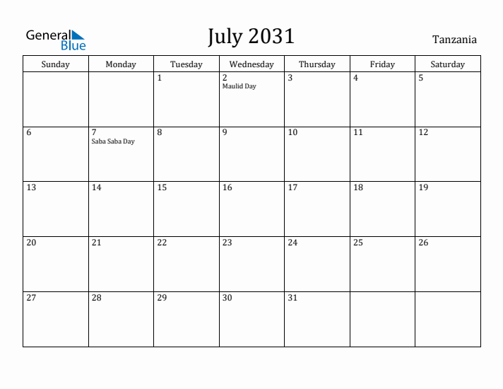 July 2031 Calendar Tanzania