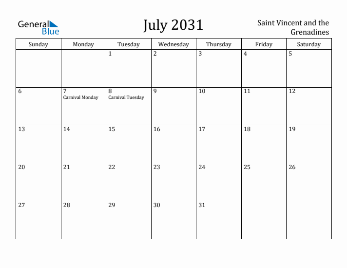 July 2031 Calendar Saint Vincent and the Grenadines
