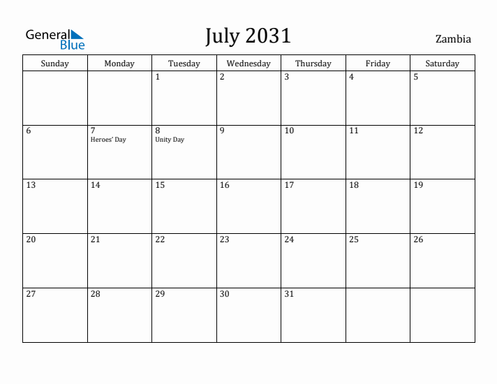 July 2031 Calendar Zambia