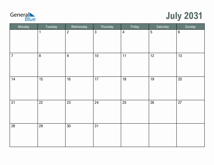 Free Printable July 2031 Calendar