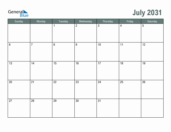 Free Printable July 2031 Calendar
