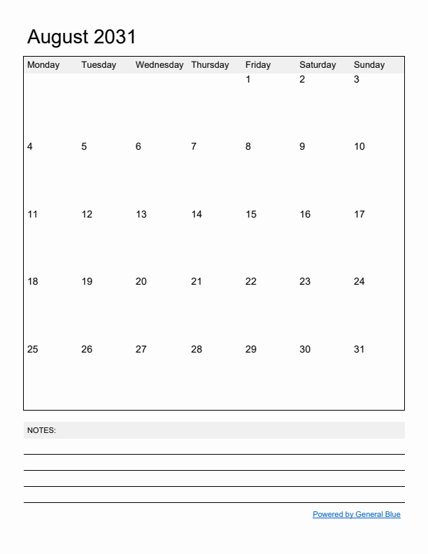 Basic Monthly Calendar Template for August 2031